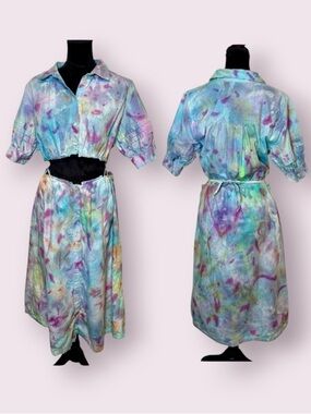 Walter Baker Tie Dye Crop Top Short Sleeve Cotton Long Dress Blue & Pink Size XL